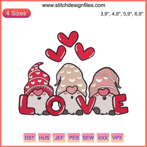 Cute Love Gnome Embroidery Design with Hearts | Valentine's Day Gift | Adorable Gnome in Red Hat Holding Love Sign
