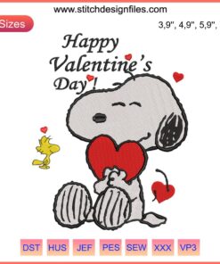 Snoopy holding heart with Woodstock, Valentine's Day embroidery design file, cute, lovable cartoon characters, needlework pattern.