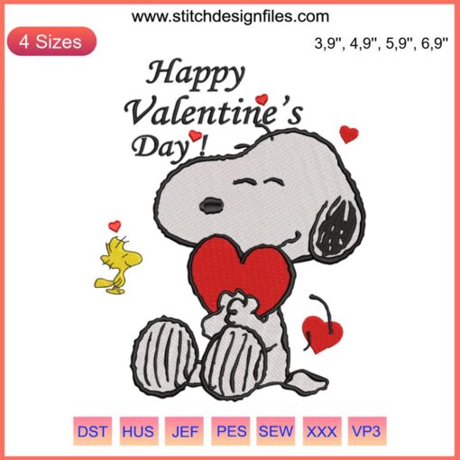 Snoopy holding heart with Woodstock, Valentine's Day embroidery design file, cute, lovable cartoon characters, needlework pattern.