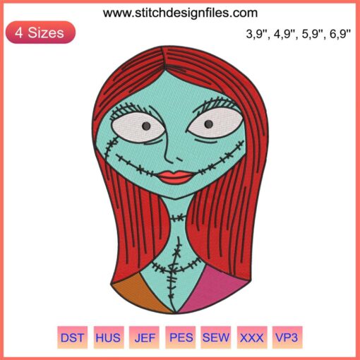 Sally Face Embroidery: Nightmare Before Christmas Halloween Design featuring Sally's intricate face pattern, perfect for machines.