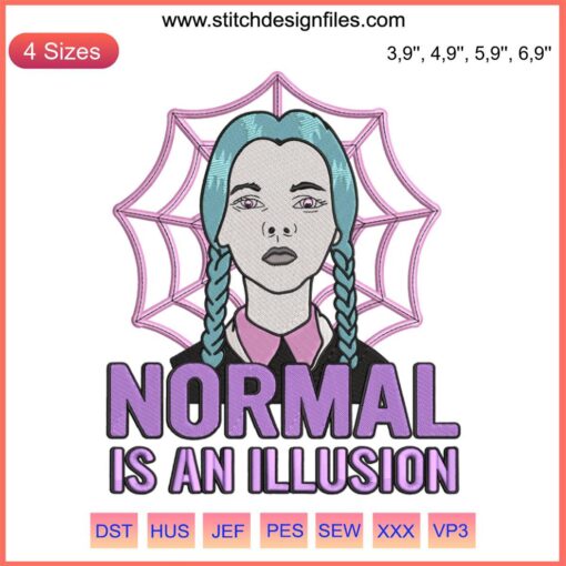 Wednesday Addams Purple Neon Embroidery File: "Normal Is An Illusion" Spider Web Design, unique gothic style embroidery pattern.