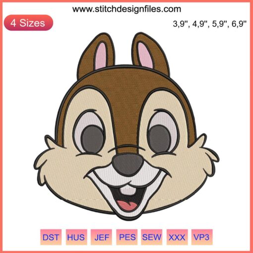 Chip Face Cute Disney Embroidery Design: Adorable Chip from Chip and Dale Rescue Rangers, perfect for machine stitching projects.
