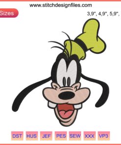 Goofy Face Funny Embroidery: Disney Goofy Machine Design with whimsical expression; perfect for custom clothing decor.