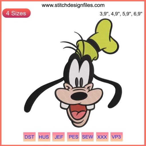 Goofy Face Funny Embroidery: Disney Goofy Machine Design with whimsical expression; perfect for custom clothing decor.