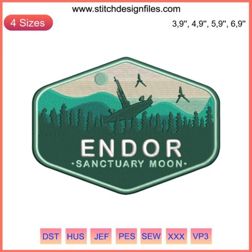 Star Wars Endor Sanctuary Moon Embroidery Design File, featuring dense forest moon landscape, machine embroidery pattern.