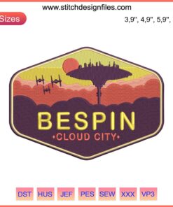 Star Wars Bespin Cloud City Embroidery Design File: Detailed machine embroidery of Cloud City from Star Wars.