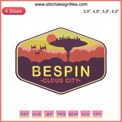 Star Wars Bespin Cloud City Embroidery Design File: Detailed machine embroidery of Cloud City from Star Wars.