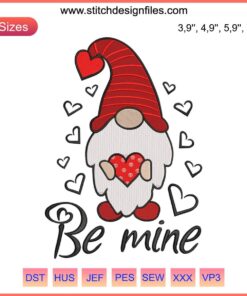 Valentine Gnome Embroidery Design File: Charming gnome with heart details holding a banner, perfect for Valentine's Day crafts.