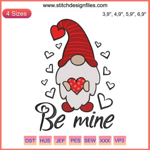 Valentine Gnome Embroidery Design File: Charming gnome with heart details holding a banner, perfect for Valentine's Day crafts.