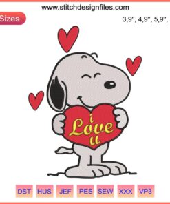 Snoopy hugging heart with "I Love You" text, Valentine's Day embroidery file for machine design, perfect for gift crafts.