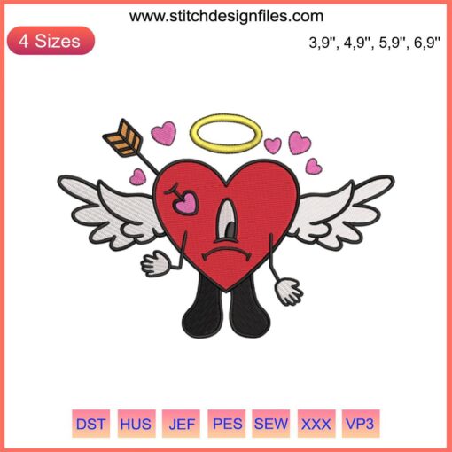 Sad Heart Bad Bunny Cupid Embroidery with Angel Heart; Valentine’s Machine Design, Red Heart, Wings, Unique Gift Idea.