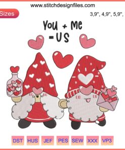 Valentine's Day Gnome Embroidery Design: Cute gnome couple holding hands, heart accents, perfect for machine embroidery projects.