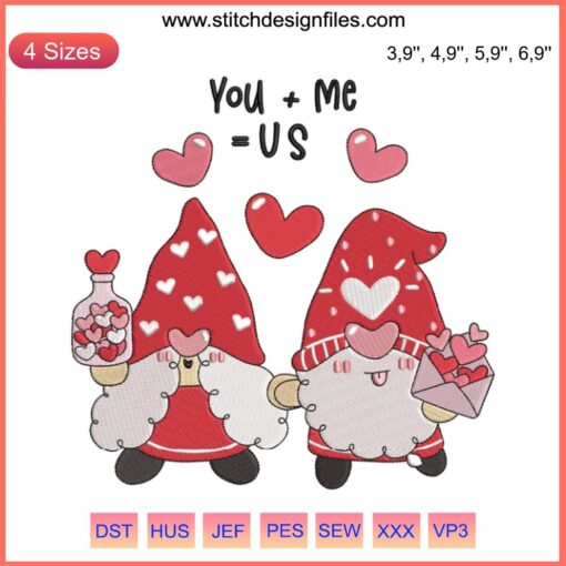 Valentine's Day Gnome Embroidery Design: Cute gnome couple holding hands, heart accents, perfect for machine embroidery projects.