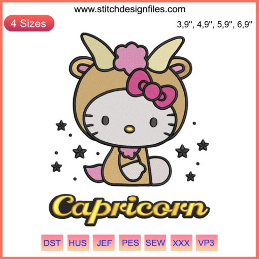 Hello Kitty Capricorn embroidery design featuring Hello Kitty in a Capricorn zodiac theme, ideal for Capricorn birthday gifts.