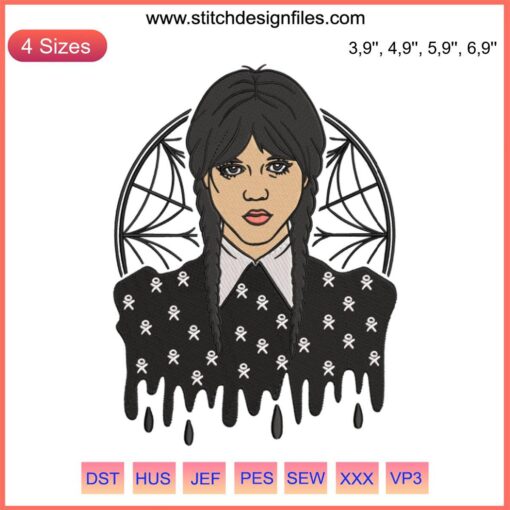 Wednesday Addams Drip Embroidery Design, Nevermore Academy Halloween Theme, Gothic Machine Embroidery Pattern