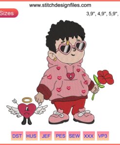 Baby Benito with embroidered sad heart design, Bad Bunny Valentine's Day, machine embroidery file, digital download.