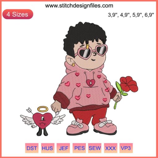 Baby Benito with embroidered sad heart design, Bad Bunny Valentine's Day, machine embroidery file, digital download.