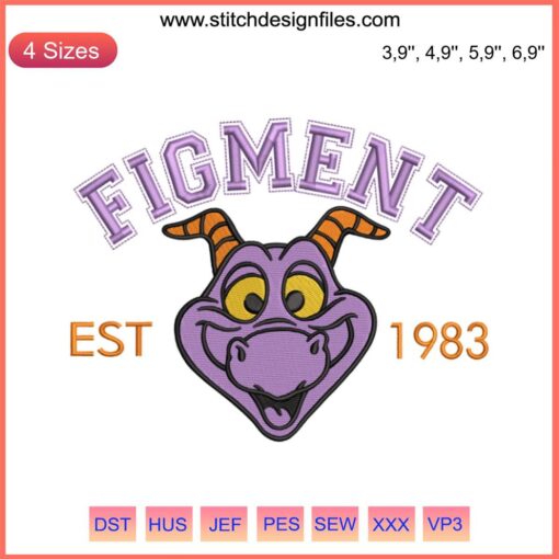 Epcot Figment Est 1983 Embroidery Design, One Little Spark Machine File, Vintage Disney Theme, Purple Dragon Graphic.