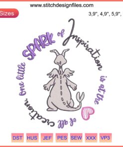 Disney Figment embroidery design file featuring vibrant "One Little Spark of Inspiration" text and whimsical dragon motif.