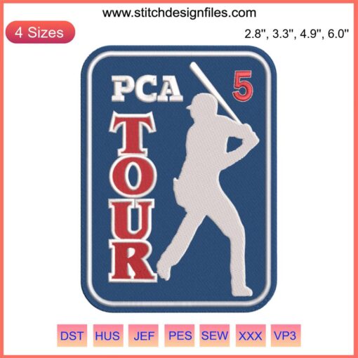 PCA Tour 5 Baseball Embroidery Design featuring dynamic baseball stitching, perfect for sports machine embroidery projects.