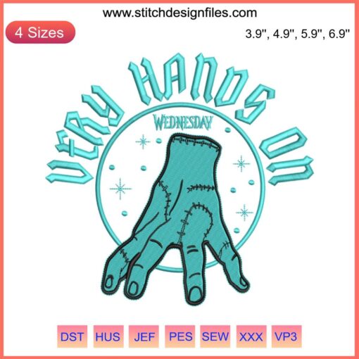 Wednesday Addams Embroidery Design featuring Thing Machine; detailed hands-on embroidery art; spooky gothic decor.