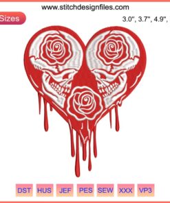 Skull Rose Heart Dripping Valentine Embroidery Design | Gothic Skull Hearts Valentine's Day Embroidery File