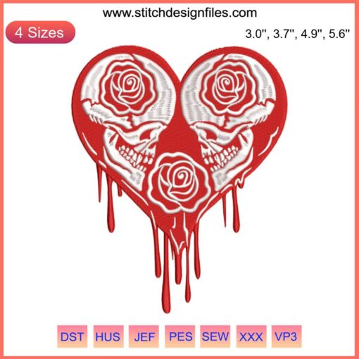 Skull Rose Heart Dripping Valentine Embroidery Design | Gothic Skull Hearts Valentine's Day Embroidery File