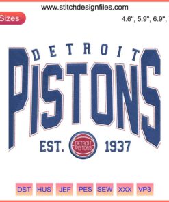 Detroit Pistons Est. 1937 Embroidery Design, NBA Basketball Fan File, Vintage Team Logo Patch for Apparel Customization