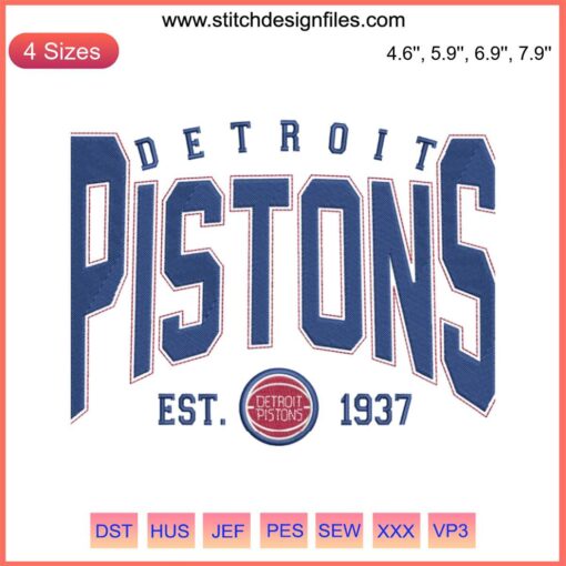Detroit Pistons Est. 1937 Embroidery Design, NBA Basketball Fan File, Vintage Team Logo Patch for Apparel Customization