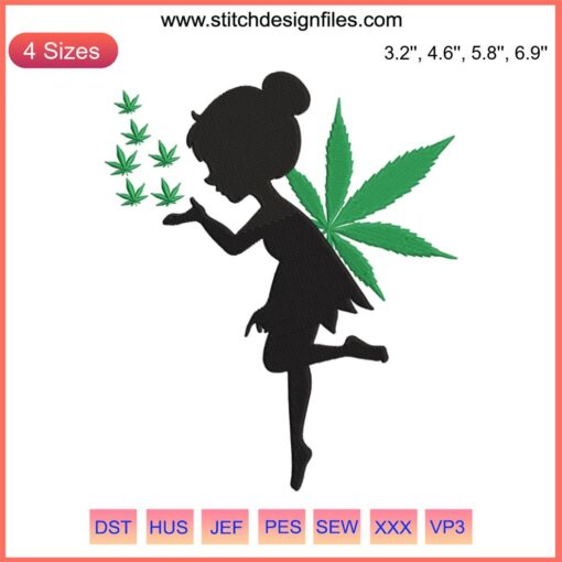 Whimsical Cannabis Fairy Embroidery Design with Pot Leaf, Weed Fairy Smoking Cute Marijuana Pattern.