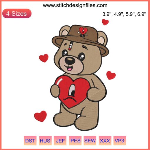 Bad Bunny Teddy Bear Cute Embroidery, Baby Benito Valentine's Day Design, Adorable Bear with Heart Details, Digital Embroidery File