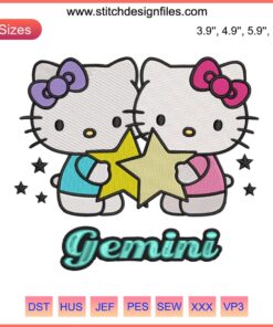 Hello Kitty Gemini Embroidery Design | Cute Zodiac Horoscope Birthday Gift | Adorable Gemini Twins Motif