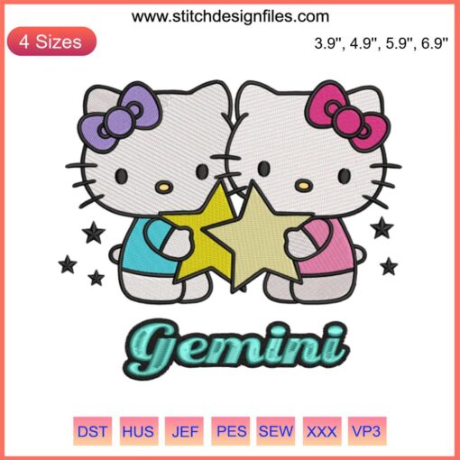 Hello Kitty Gemini Embroidery Design | Cute Zodiac Horoscope Birthday Gift | Adorable Gemini Twins Motif