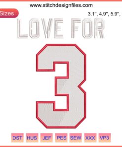 Buffalo Bills Love For 3 Damar Hamlin Embroidery Design File: Heart, player number 3, team colors. Perfect for fans and DIY projects.