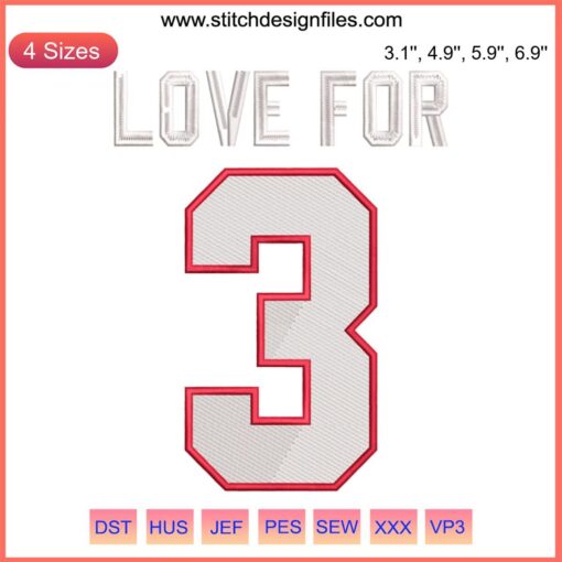 Buffalo Bills Love For 3 Damar Hamlin Embroidery Design File: Heart, player number 3, team colors. Perfect for fans and DIY projects.