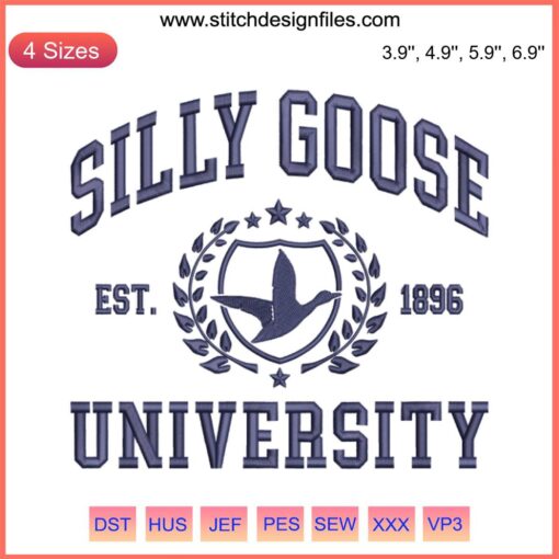 Silly Goose University Est. 1896 Embroidery Design: Trending Academy File, Retro Text and Playful Goose Graphic