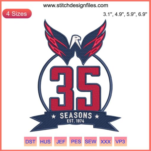 Washington Capitals 35th Anniversary Embroidery Design | Hockey Sport File | Detailed Logo with Anniversary Text and Capitals Motif