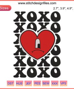 Sad Heart Embroidery Design with XoXo, featuring Baby Benito by Bad Bunny for Valentine’s Day. Digital File, Romantic Theme.