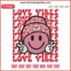 Smiley face with heart eyes, "Love Vibes" text, embroidery design for Valentine's Day. Digital file for crafting.