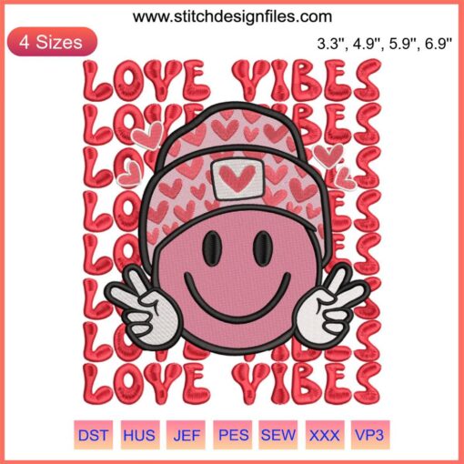 Smiley face with heart eyes, "Love Vibes" text, embroidery design for Valentine's Day. Digital file for crafting.