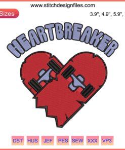 Red vintage truck with hearts, "Heartbreaker" embroidery design for Valentine's Day. Heart Crusher design file.