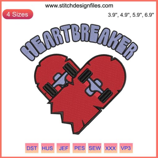 Red vintage truck with hearts, "Heartbreaker" embroidery design for Valentine's Day. Heart Crusher design file.