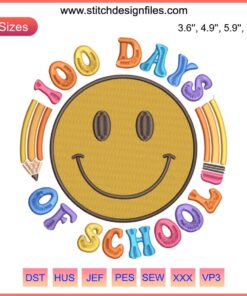 Embroidery design of retro teacher smiley face with "100 Days of School" text; perfect for funny classroom projects.