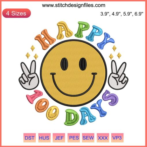 Smiley face embroidery with "Happy 100 Days Of School" text, perfect for teacher school projects.