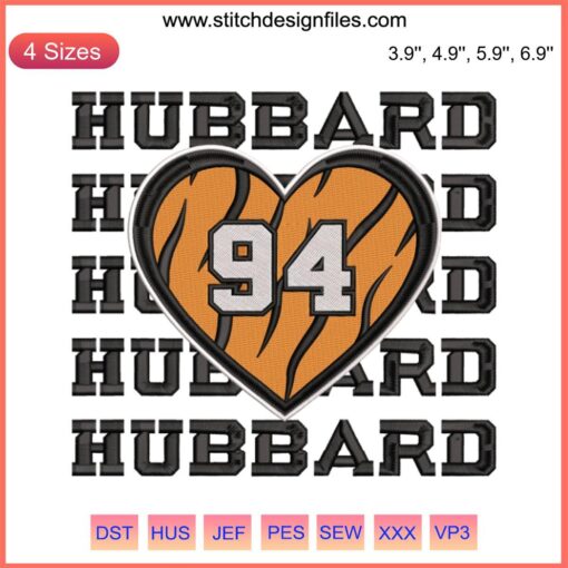 Sam Hubbard 94 Cincinnati Bengals Embroidery with NFL football and Valentine heart design, perfect for fans and sports lovers.
