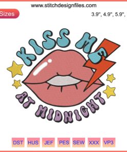 Retro Valentine's Day Embroidery Design with Bold Red Lips, "Kiss Me At Midnight" Text, Perfect for Romantic Decor.