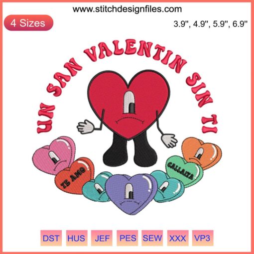 Bad Bunny Valentine’s Day Embroidery Design: Sad Hearts theme, vintage style, unique gift idea, vibrant stitching, heartbroken motif.
