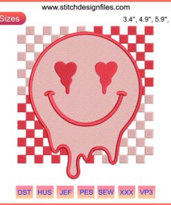 Drippy Smiley Face Valentine's Embroidery | Checkered Couple Gift Design | Digital File | Whimsical Love Pattern | Craft Art