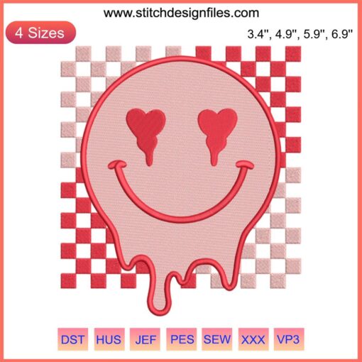 Drippy Smiley Face Valentine's Embroidery | Checkered Couple Gift Design | Digital File | Whimsical Love Pattern | Craft Art