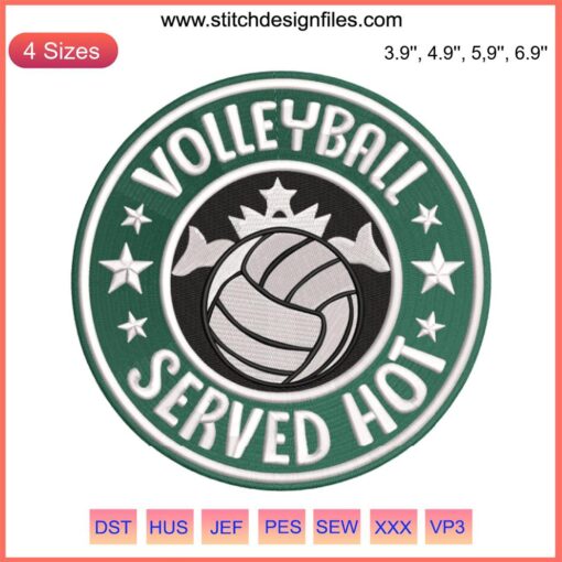 Volleyball Served Hot Embroidery | Starbucks Logo Parody Design File with Volleyball and Coffee Cup Elements